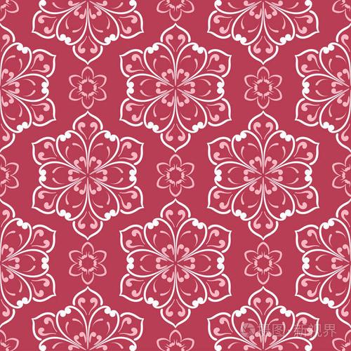 花红色无缝背景与米色图案墙纸纺织品和织物的背景